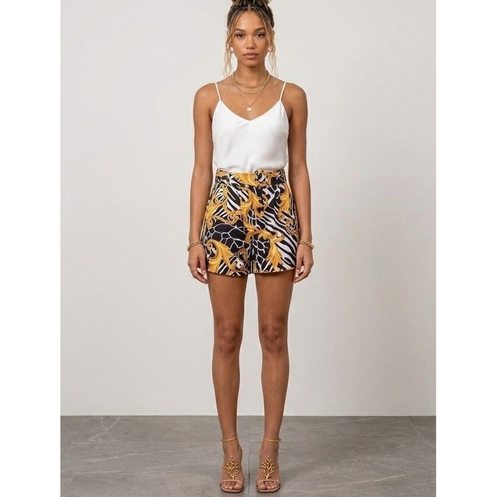Ovi Baroque Animal Print Shorts Women Small Black Gold High Rise Belted EUC